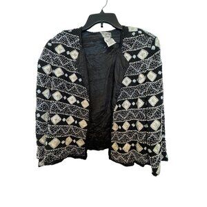 Vintage Papell Boutique Evening Black/White Womens Silk Beaded Open Jacket Made